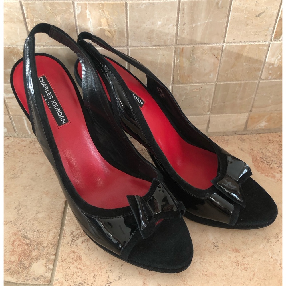 Charles Jourdan black leather slingback open toe high heel pumps, size 41, NWT